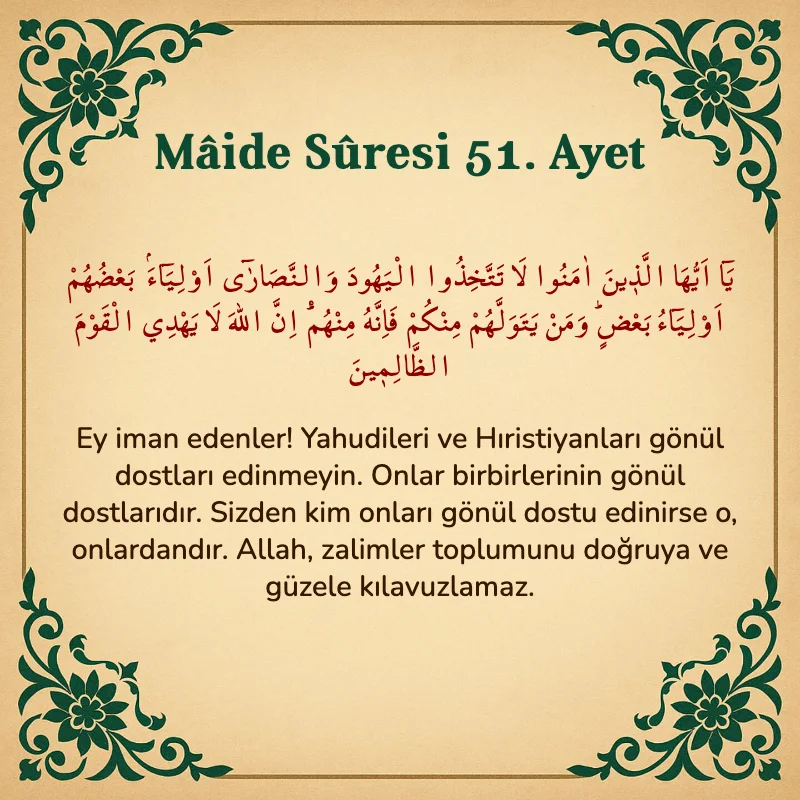 Mâide Sûresi 51. Ayet Arapça ve Türkçe meali