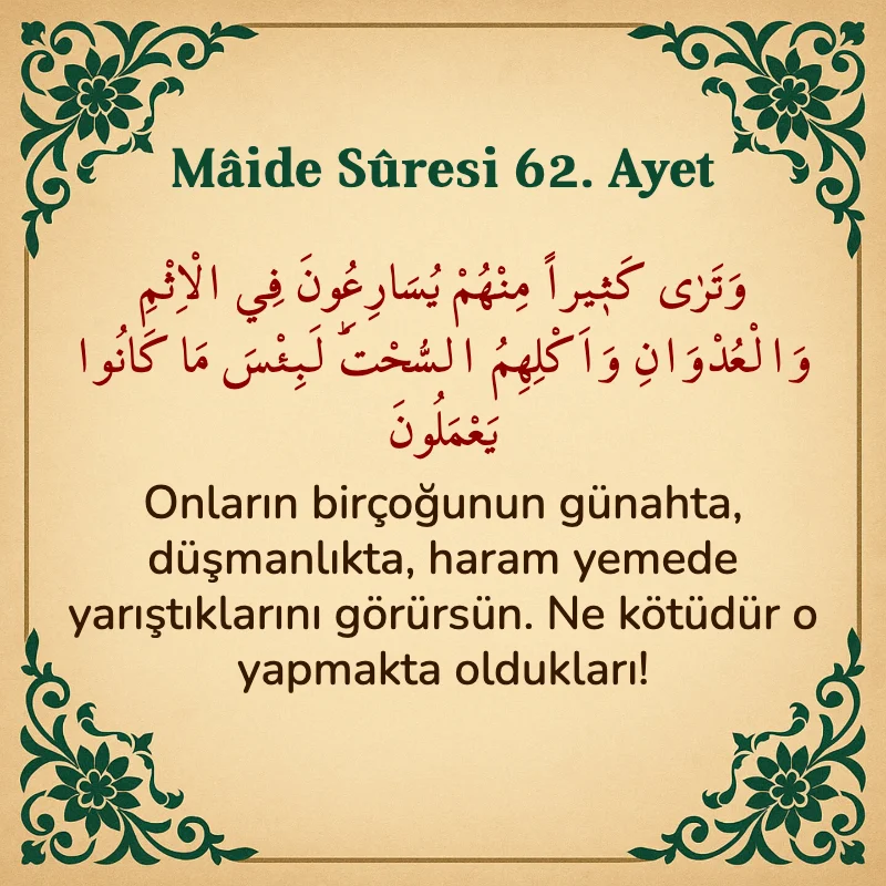 Mâide Sûresi 62. Ayet Arapça ve Türkçe meali