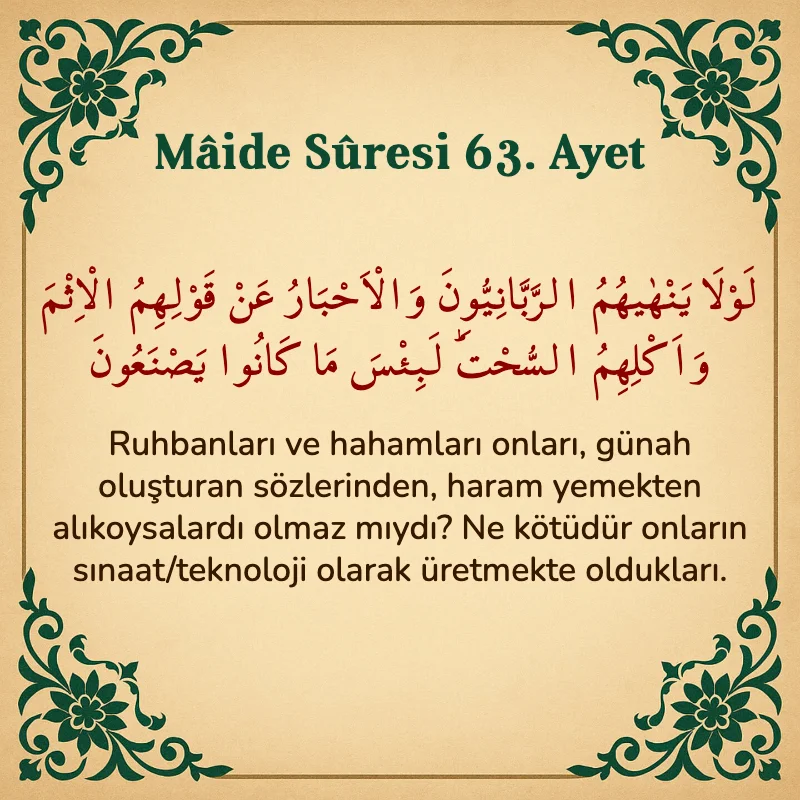 Mâide Sûresi 63. Ayet Arapça ve Türkçe meali