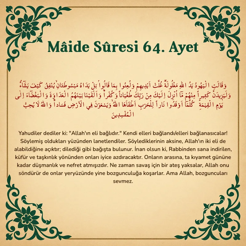Mâide Sûresi 64. Ayet Arapça ve Türkçe meali