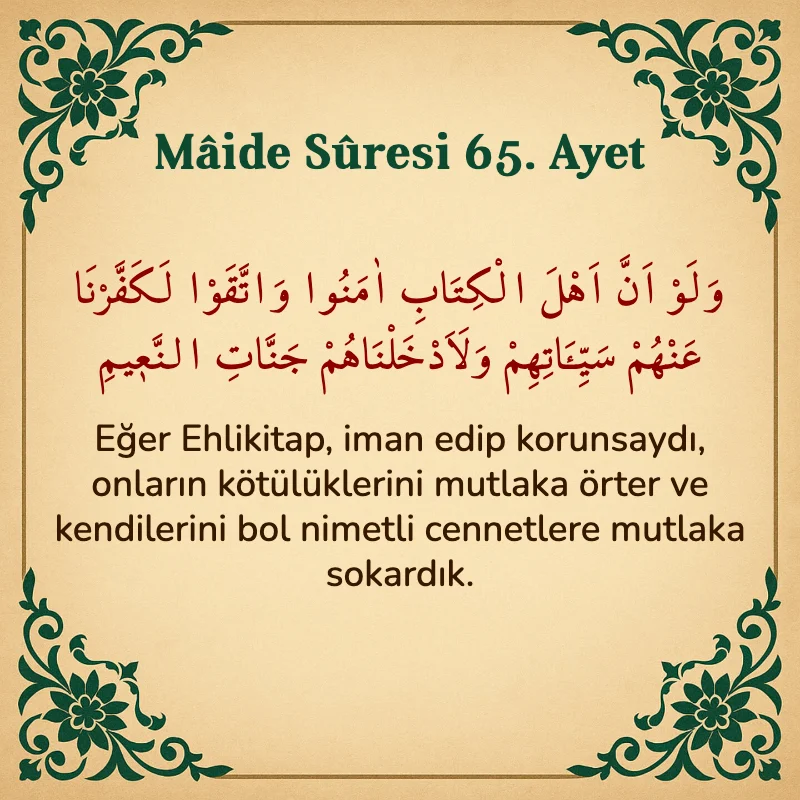 Mâide Sûresi 65. Ayet Arapça ve Türkçe meali