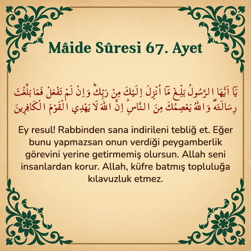 Mâide Sûresi 67. Ayet Arapça ve Türkçe meali