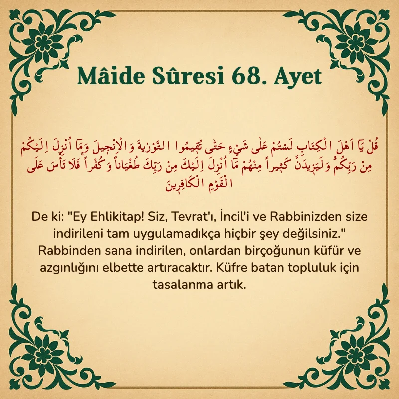 Mâide Sûresi 68. Ayet Arapça ve Türkçe meali