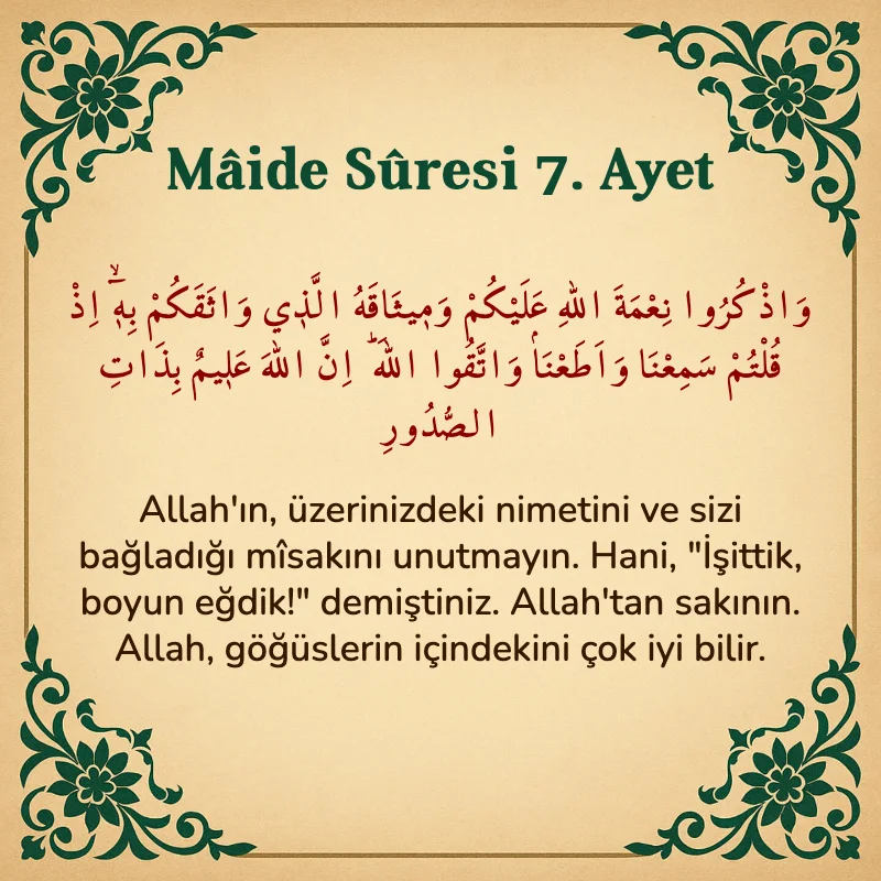 Mâide Sûresi 7. Ayet Arapça ve Türkçe meali