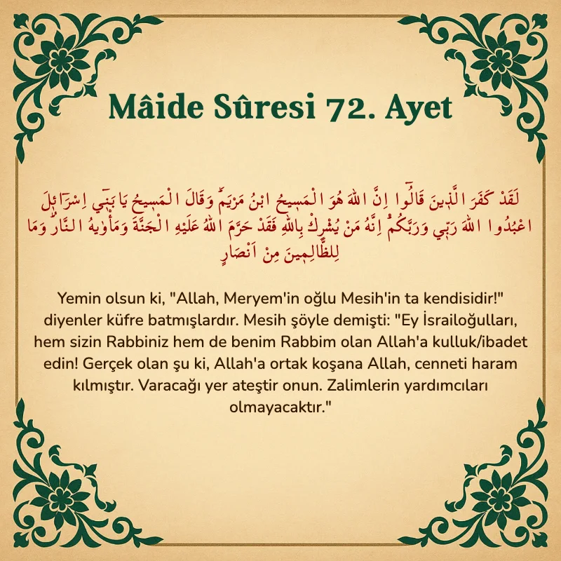 Mâide Sûresi 72. Ayet Arapça ve Türkçe meali