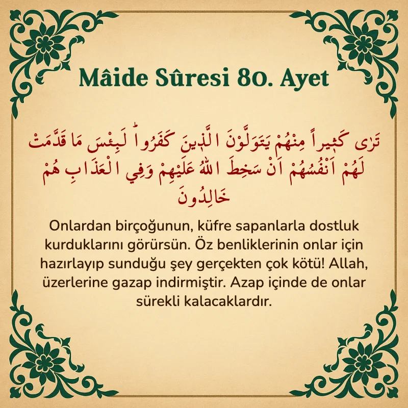 Mâide Sûresi 80. Ayet Arapça ve Türkçe meali
