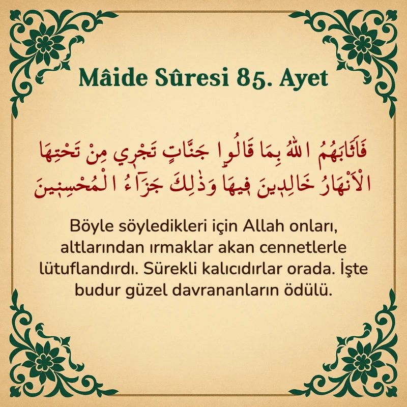 Mâide Sûresi 85. Ayet Arapça ve Türkçe meali