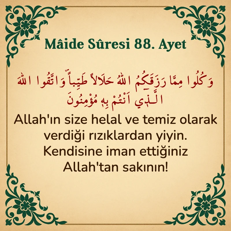 Mâide Sûresi 88. Ayet Arapça ve Türkçe meali