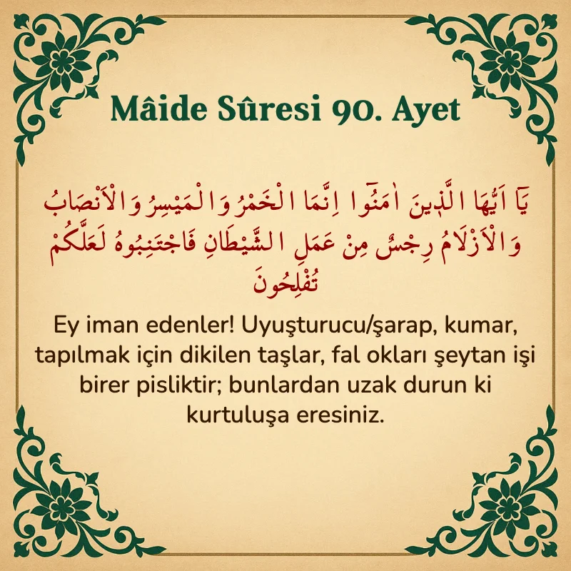 Mâide Sûresi 90. Ayet Arapça ve Türkçe meali
