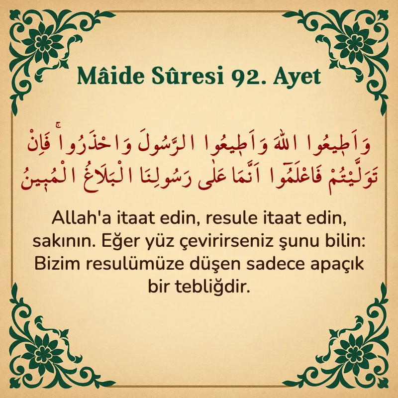 Mâide Sûresi 92. Ayet Arapça ve Türkçe meali
