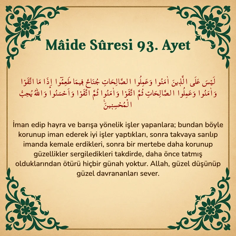 Mâide Sûresi 93. Ayet Arapça ve Türkçe meali