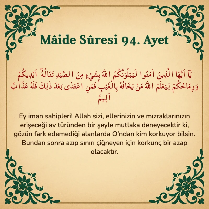 Mâide Sûresi 94. Ayet Arapça ve Türkçe meali