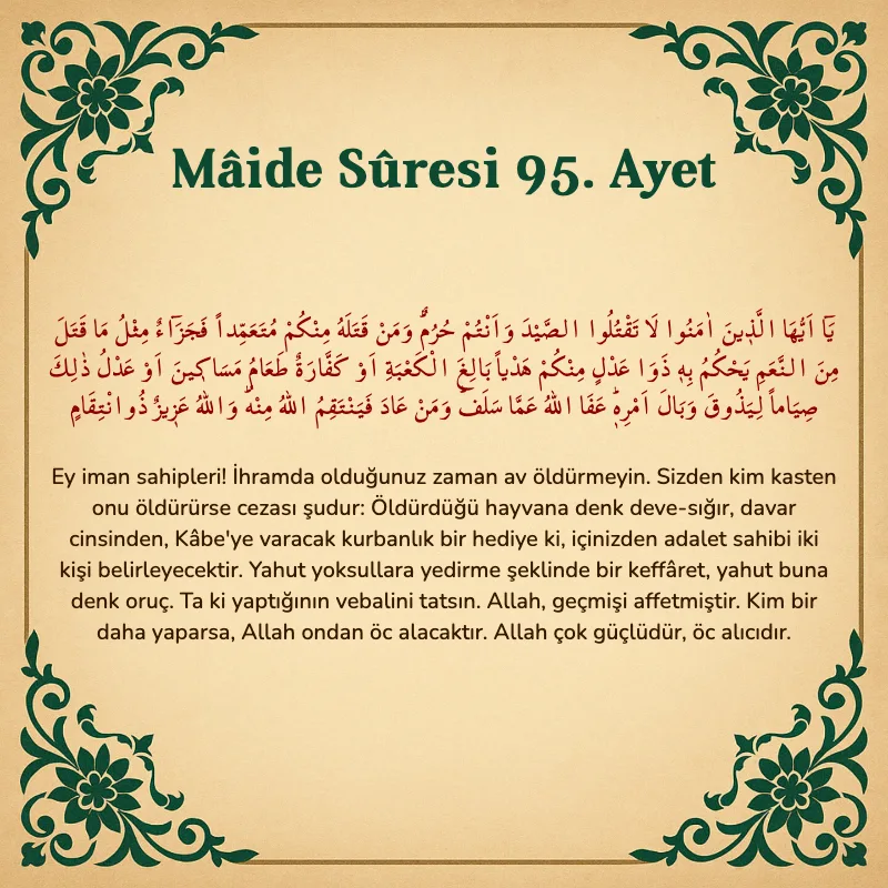 Mâide Sûresi 95. Ayet Arapça ve Türkçe meali