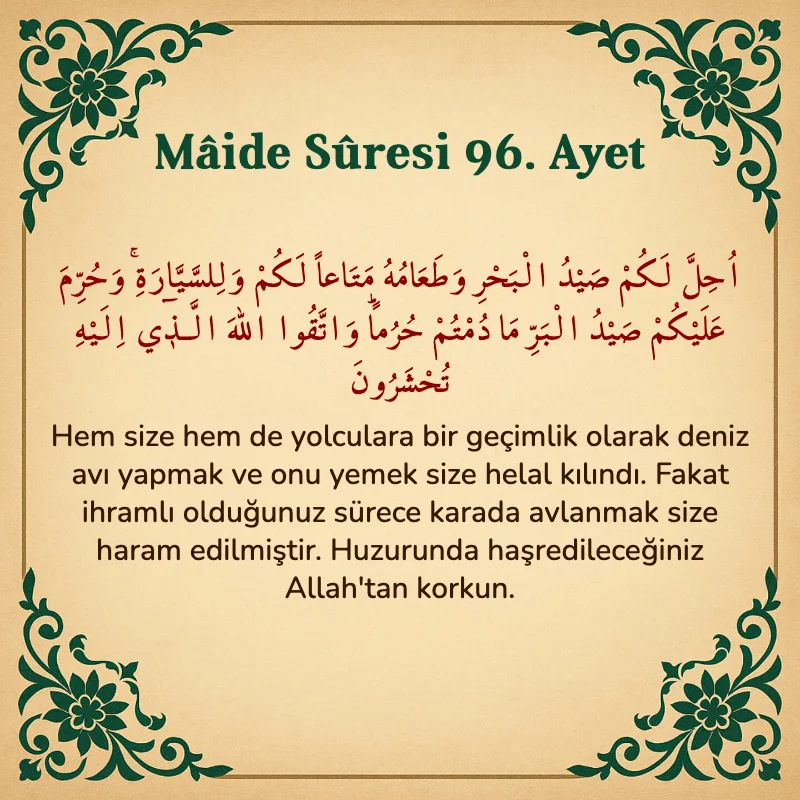 Mâide Sûresi 96. Ayet Arapça ve Türkçe meali