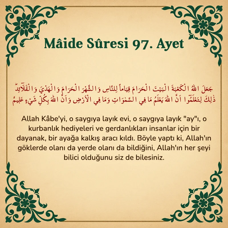 Mâide Sûresi 97. Ayet Arapça ve Türkçe meali