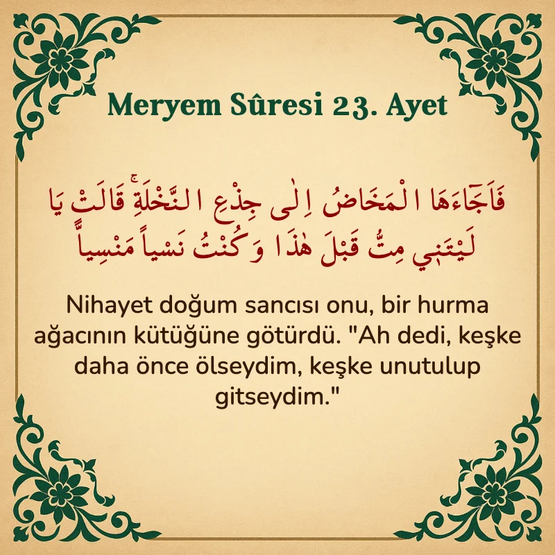 Meryem Suresi 23. Ayet Arapça ve Türkçe meali