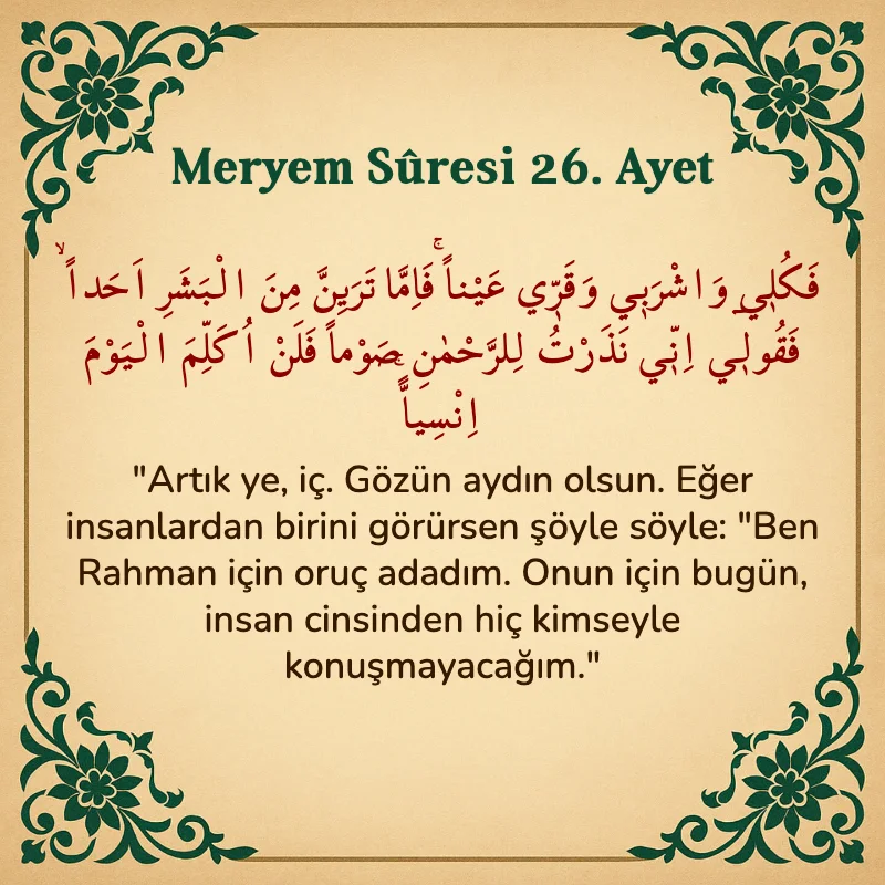 Meryem Suresi 26. Ayet Arapça ve Türkçe meali