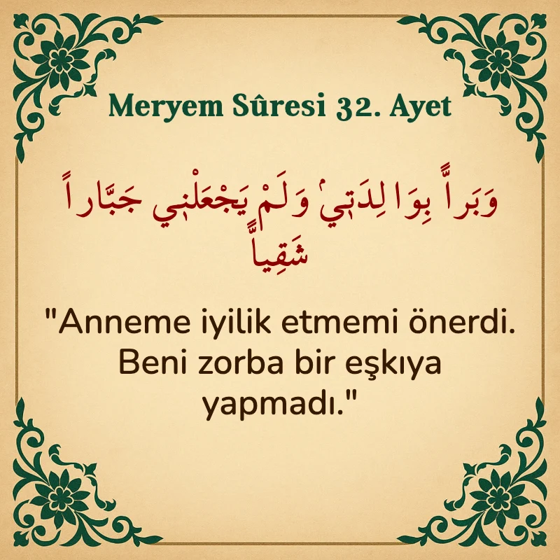 Meryem Suresi 32. Ayet Arapça ve Türkçe meali