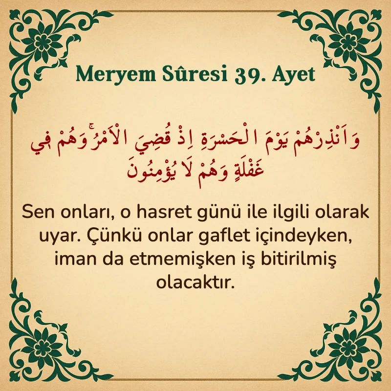 Meryem Suresi 39. Ayet Arapça ve Türkçe meali