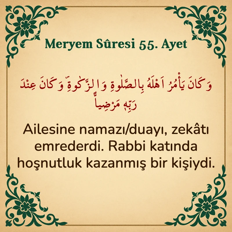 Meryem Suresi 55. Ayet Arapça ve Türkçe meali