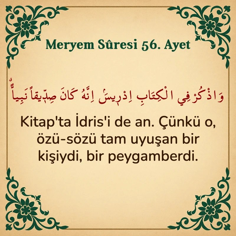 Meryem Suresi 56. Ayet Arapça ve Türkçe meali