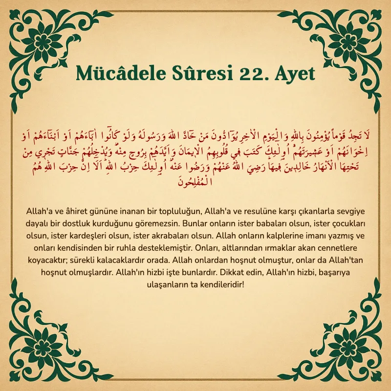 Mücadele Suresi 22. Ayet Arapça ve Türkçe meali