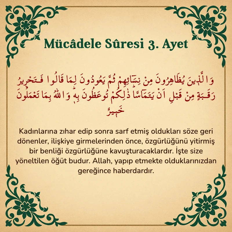 Mücadele Suresi 3. Ayet Arapça ve Türkçe meali