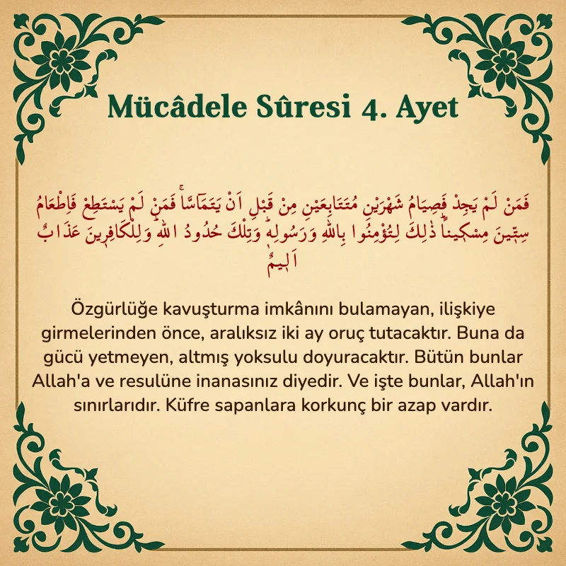 Mücadele Suresi 4. Ayet Arapça ve Türkçe meali
