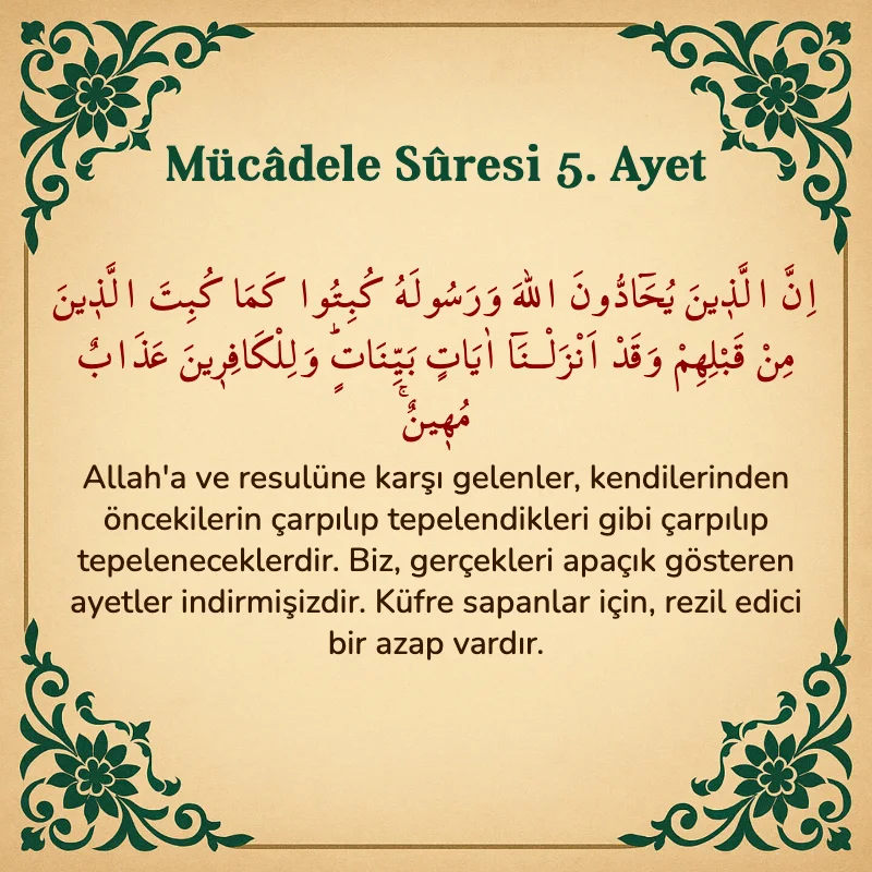Mücadele Suresi 5. Ayet Arapça ve Türkçe meali