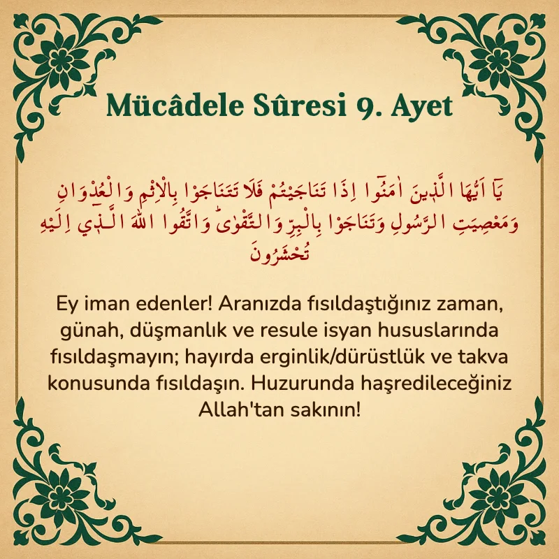 Mücadele Suresi 9. Ayet Arapça ve Türkçe meali