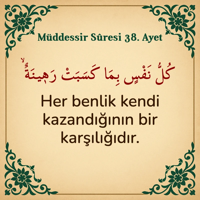 Müddessir Suresi 38. Ayet Arapça ve Türkçe meali