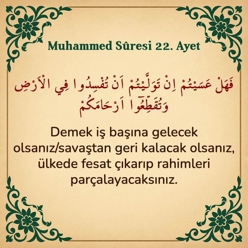 Muhammed Suresi 22. Ayet Arapça ve Türkçe meali