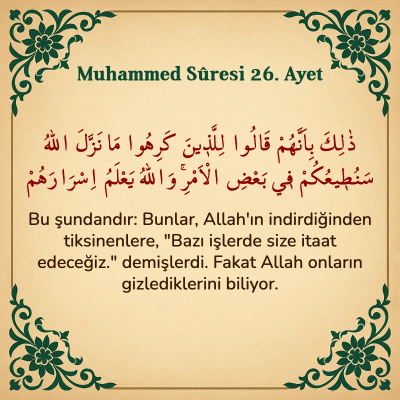 Muhammed Suresi 26. Ayet Arapça ve Türkçe meali