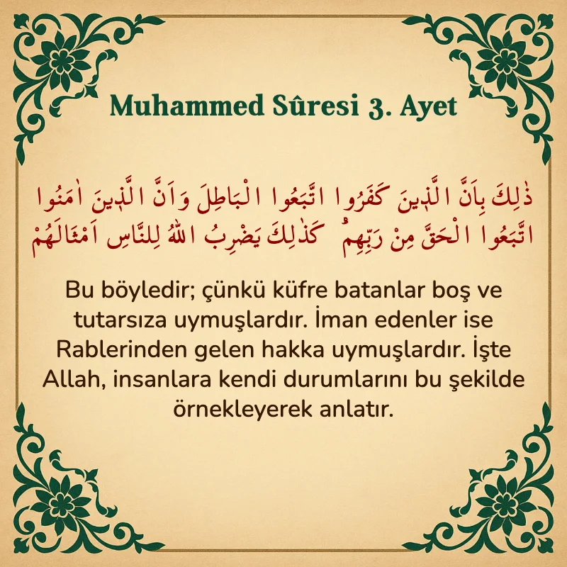 Muhammed Suresi 3. Ayet Arapça ve Türkçe meali