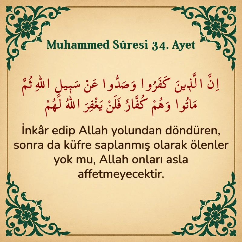 Muhammed Suresi 34. Ayet Arapça ve Türkçe meali