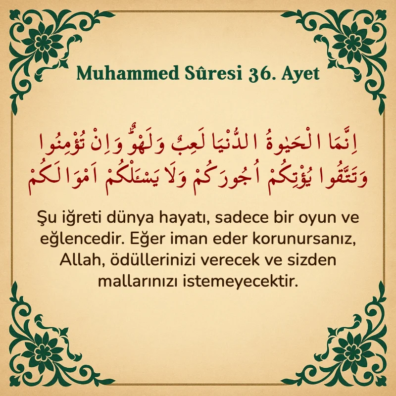 Muhammed Suresi 36. Ayet Arapça ve Türkçe meali