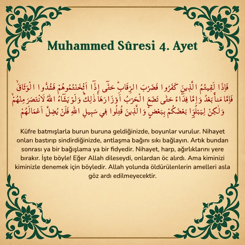 Muhammed Suresi 4. Ayet Arapça ve Türkçe meali