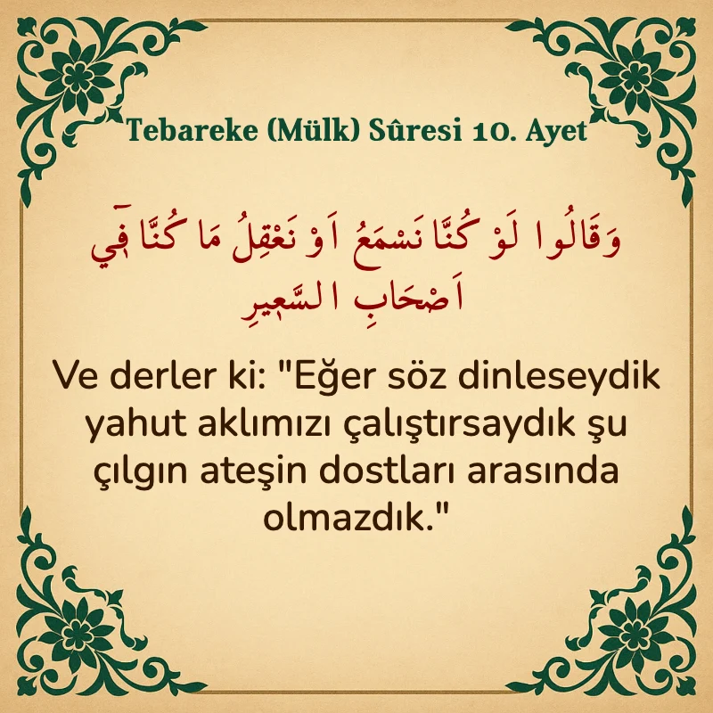 Tebareke (Mülk) Suresi 10. Ayet Arapça ve Türkçe meali