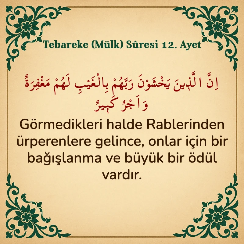 Tebareke (Mülk) Suresi 12. Ayet Arapça ve Türkçe meali