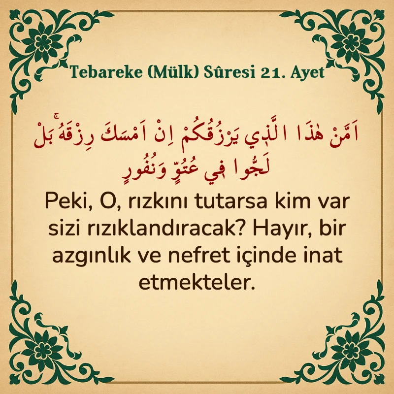 Tebareke (Mülk) Suresi 21. Ayet Arapça ve Türkçe meali