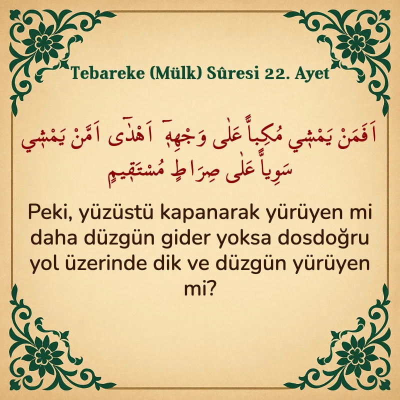 Tebareke (Mülk) Suresi 22. Ayet Arapça ve Türkçe meali