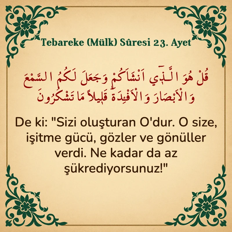 Tebareke (Mülk) Suresi 23. Ayet Arapça ve Türkçe meali