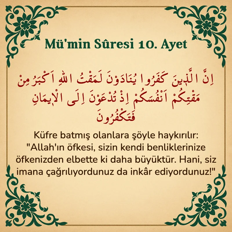 Mümin Suresi 10. Ayet Arapça ve Türkçe meali