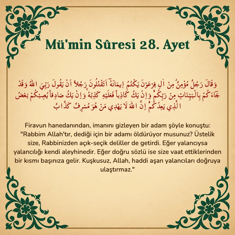 Mümin Suresi 28. Ayet Arapça ve Türkçe meali