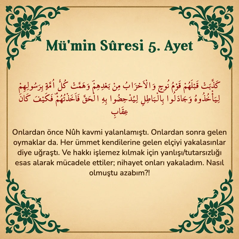 Mümin Suresi 5. Ayet Arapça ve Türkçe meali