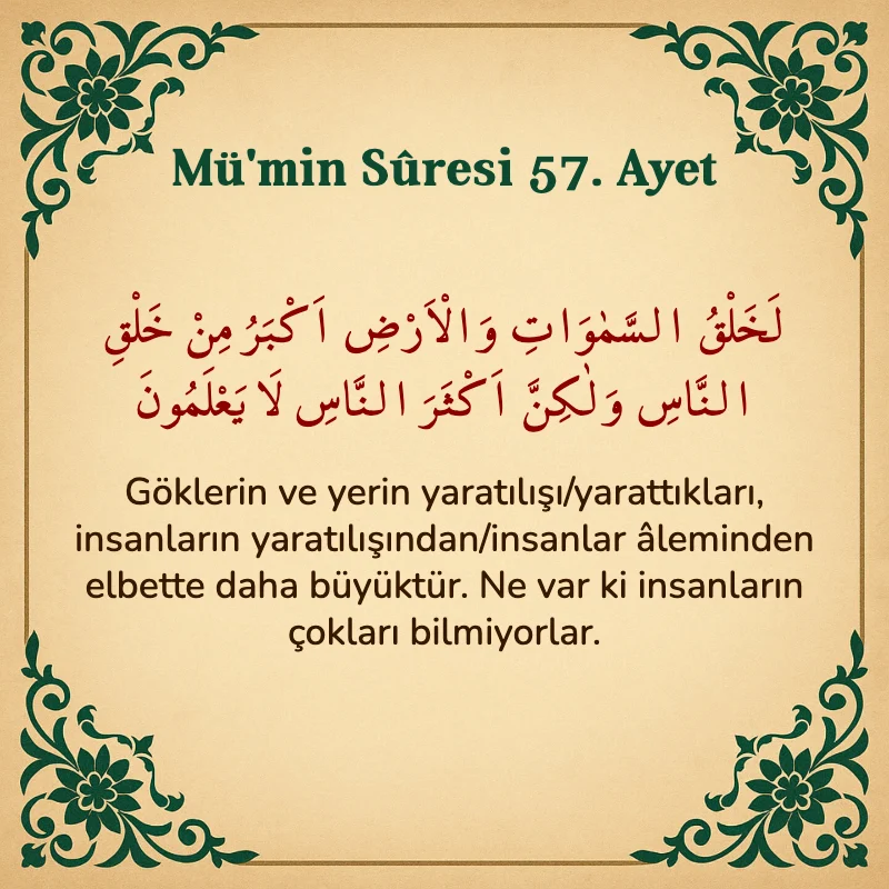 Mümin Suresi 57. Ayet Arapça ve Türkçe meali