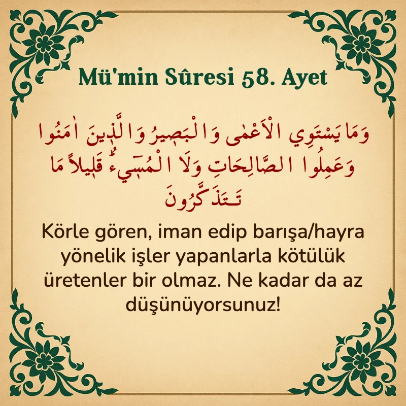 Mümin Suresi 58. Ayet Arapça ve Türkçe meali
