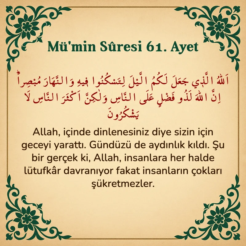 Mümin Suresi 61. Ayet Arapça ve Türkçe meali