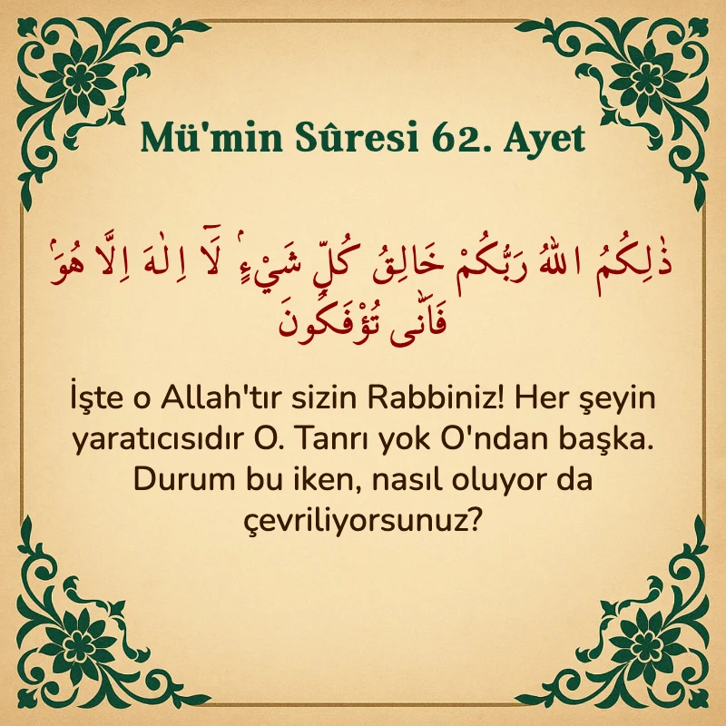 Mümin Suresi 62. Ayet Arapça ve Türkçe meali