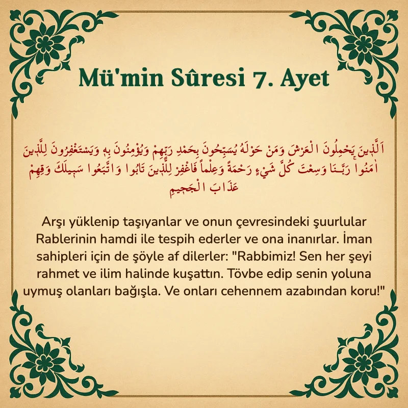 Mümin Suresi 7. Ayet Arapça ve Türkçe meali